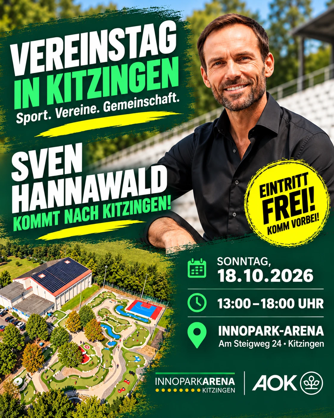 Vereinstag in Kitzingen — Sport. Vereine. Gemeinschaft. Sven Hannawald kommt nach Kitzingen! Sonntag, 18.10.2026, 13:00–18:00 Uhr, Innopark-Arena, Steigweg 24, Kitzingen. Eintritt frei.
